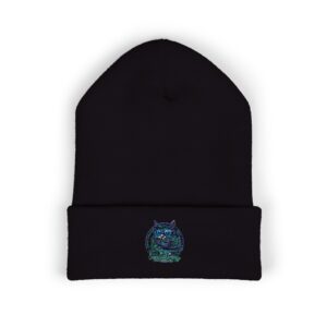 Whimsical Cat Embroidered Beanie - Classic Cuffed Winter Hat